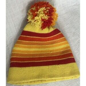 Vintage Smiley Wool Knit Ski Hat USA Nevada Red Yellow Orange Pom Pom Striped